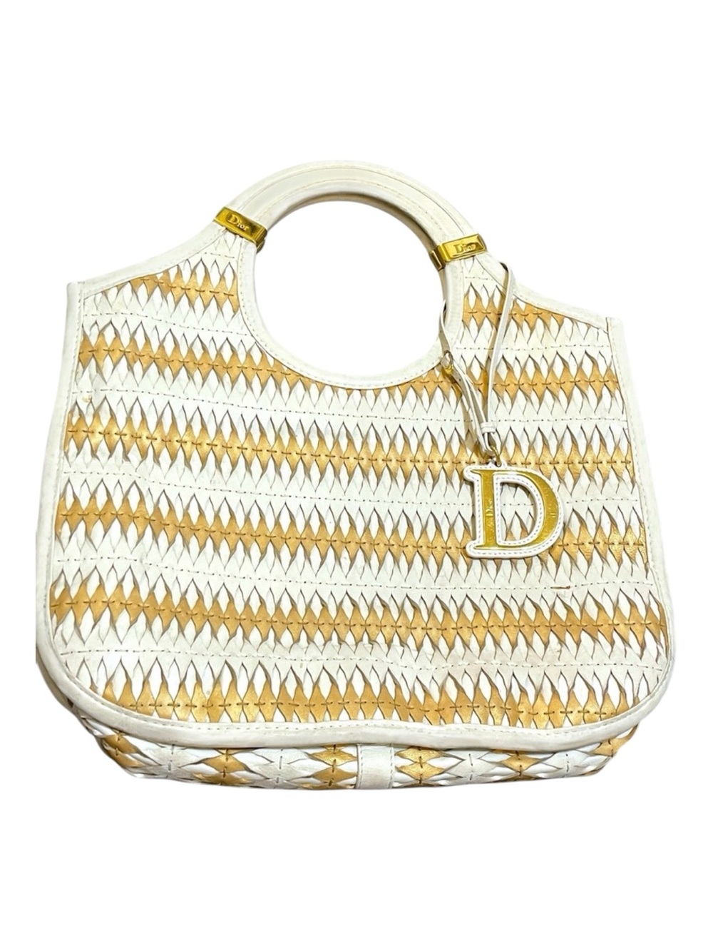 Auth RARE Dior White Gold woven Leather Tote  large Summer Bag D Charm + COA ✅